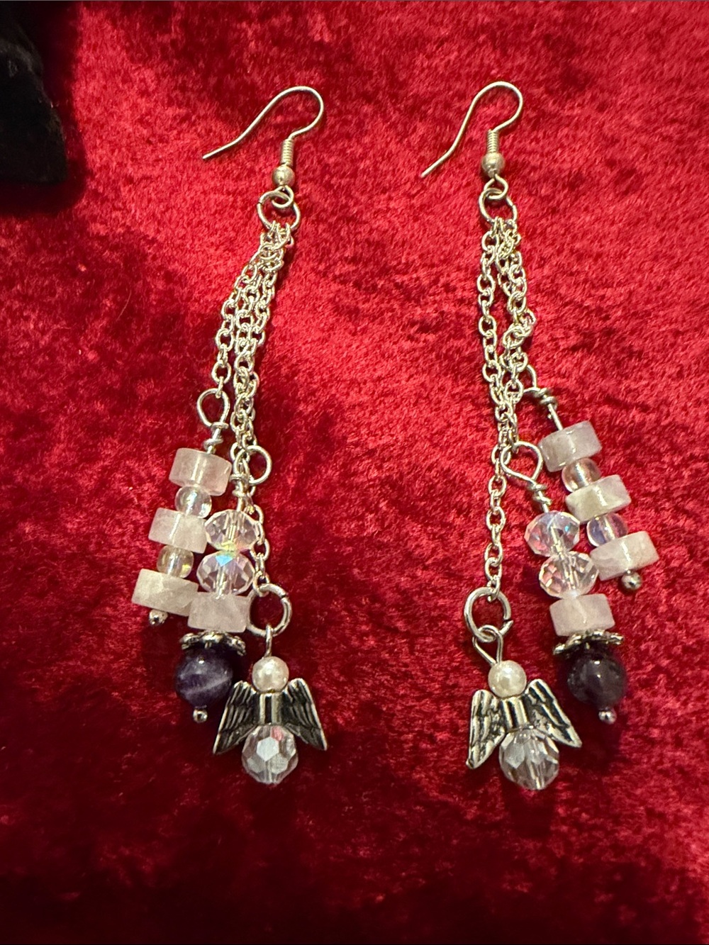 Silver silver Chain Earrings w rose quartz, angels and amethyst great condition